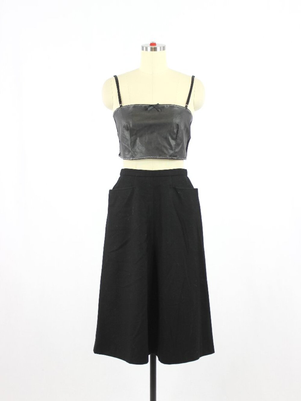 Vintage CHRISTIAN DIOR Black 100% Wool Felt A-Line Midi Skirt w/ Pockets, Size 8